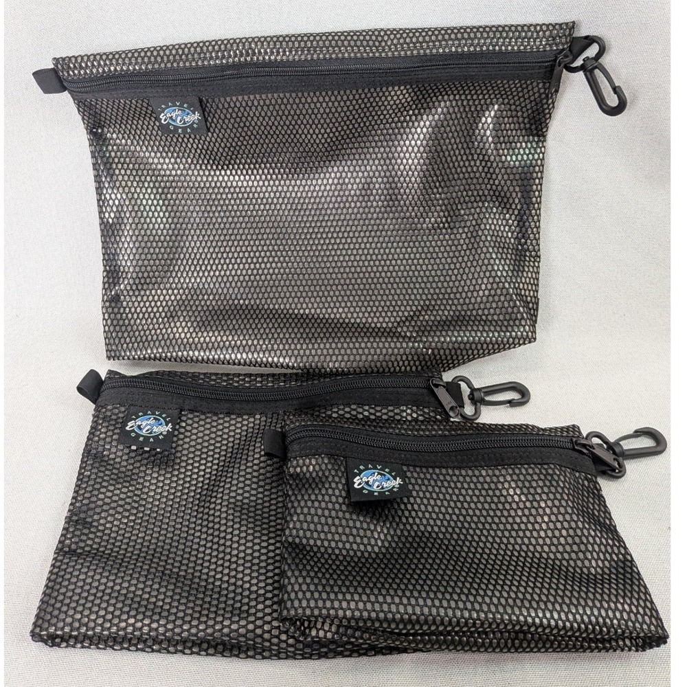 Eagle Creek Travel Organizer Pouches Set of 3 Black Mesh Excellent Zipper Clips - Picture 2 of 11